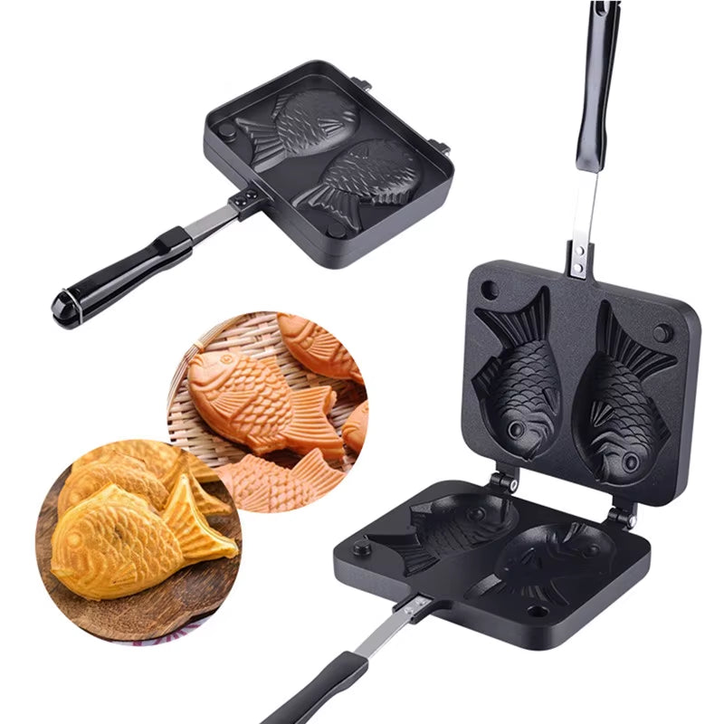 Kitchen Japanese Taiyaki Double Fish Shaped Hot Dessert Waffle Cake Maker Pan Japanese Pancake Double Pan Fry Pan Waffle Molds