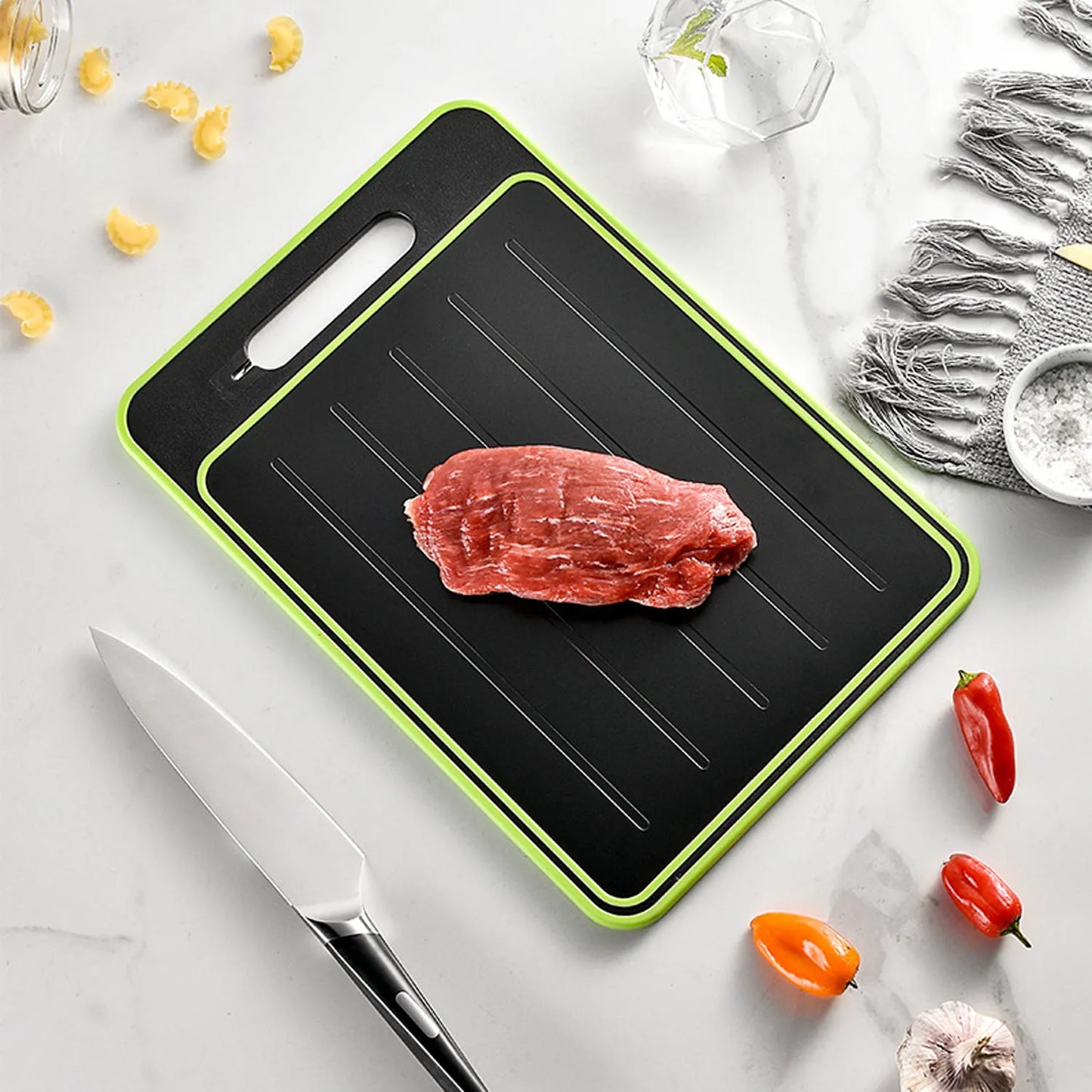 4 in 1 Defrosting Board Tray Miracle Melt Double as Cutting Board with Grater, Sharpener,Double Sided Chopping Board Thaw Meat