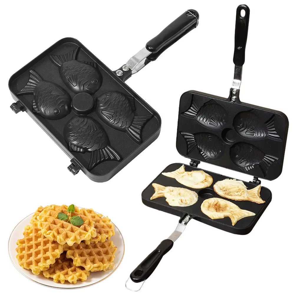 Kitchen Japanese Taiyaki Double Fish Shaped Hot Dessert Waffle Cake Maker Pan Japanese Pancake Double Pan Fry Pan Waffle Molds